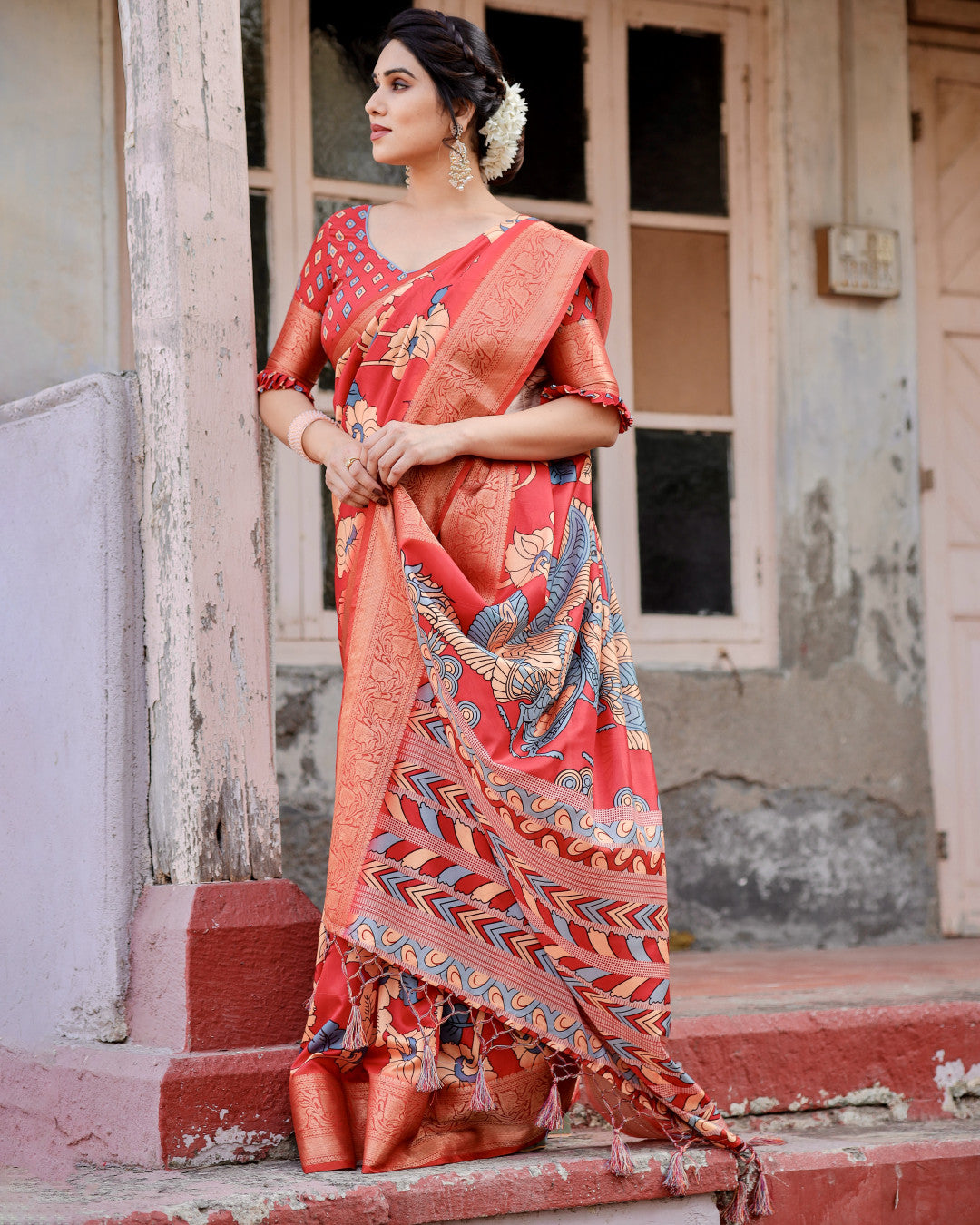 Red Tussar Silk Saree With Digital Kalamkari Print & Zari Motif Border | Casual & Festive Wear – JaipurSaaj