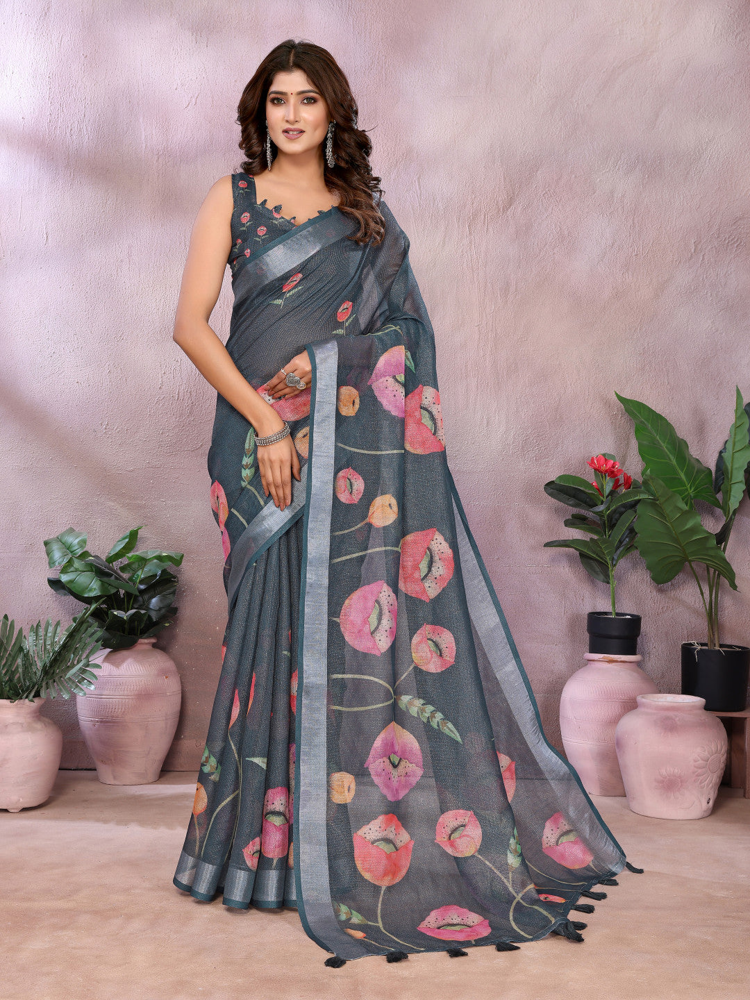 Gray Linen Cotton Saree With Digital Printed Work And Silver Zari Border