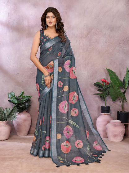 Gray Linen Cotton Saree With Digital Printed Work And Silver Zari Border