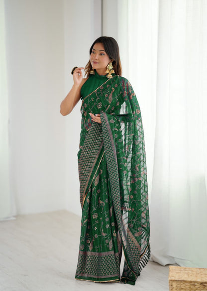 Dark Green Color Georgette Saree With Digital Printed Work And Lace Border