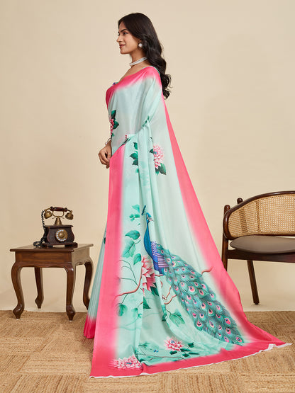 Sky Blue Soft Chinnon Silk Saree With Digital Printed Work
