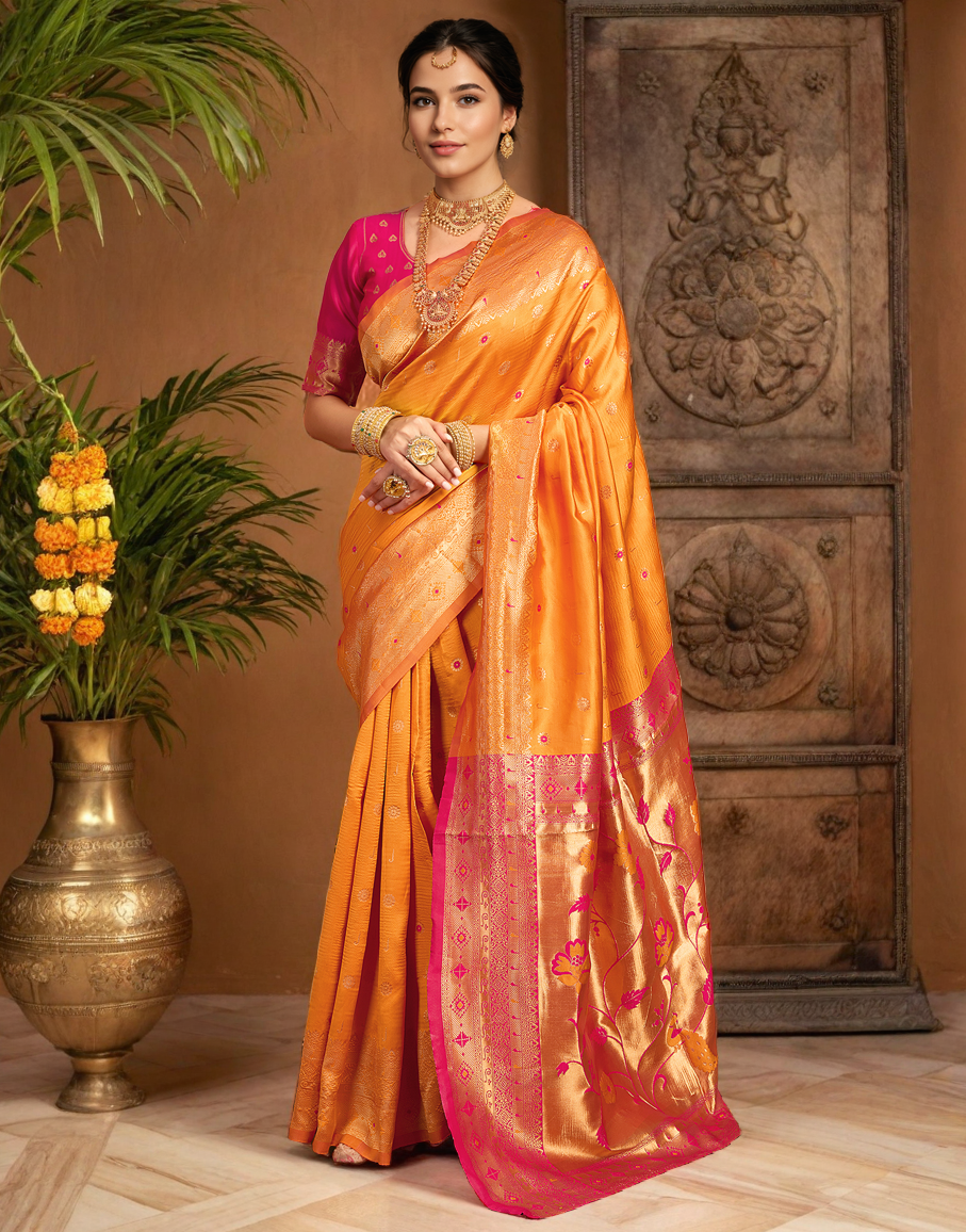 Traditional Orange Paithani Silk Saree With Zari Weaving Work