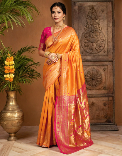 Traditional Orange Paithani Silk Saree With Zari Weaving Work