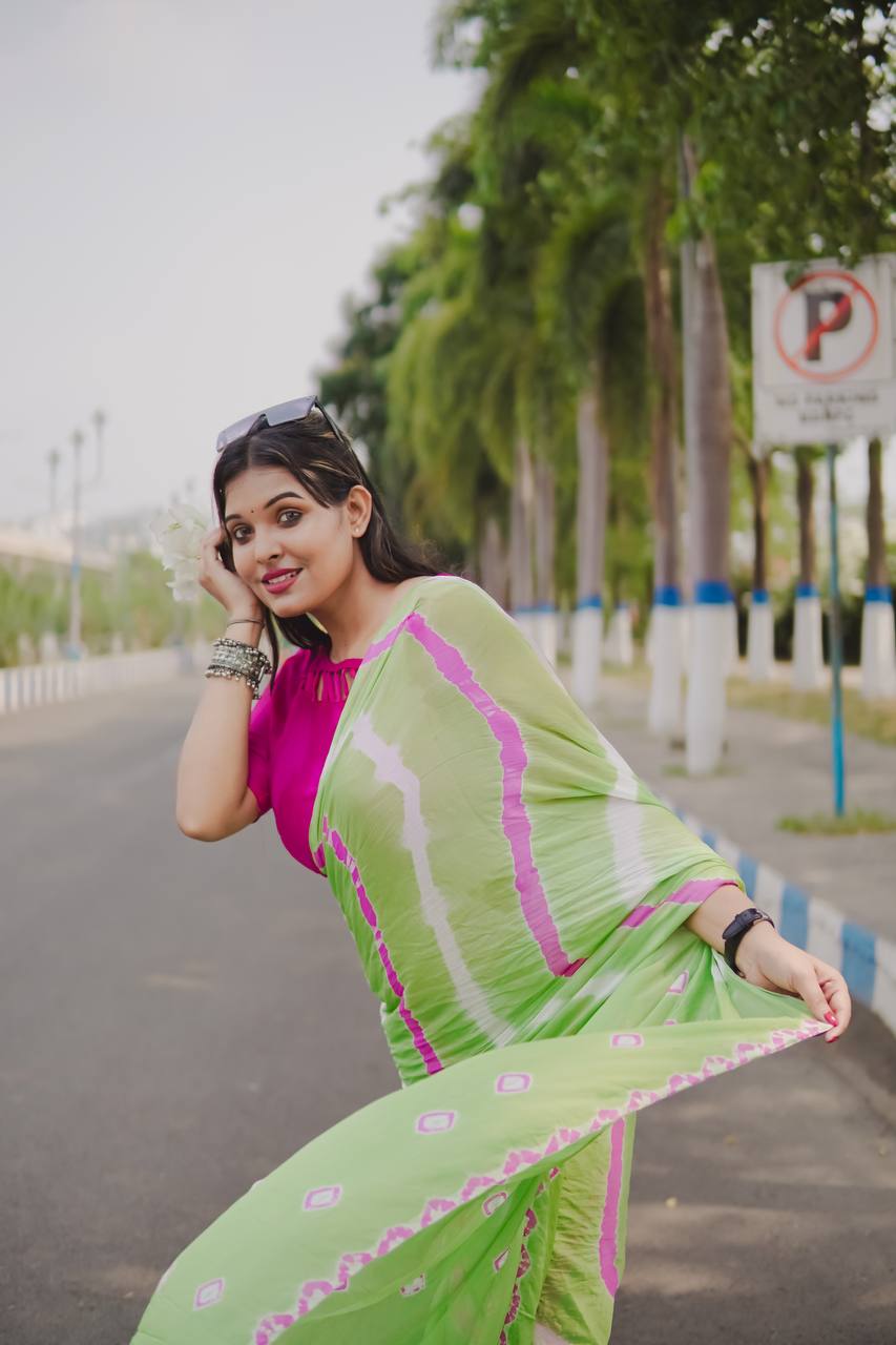 Parrot Green Soft Chinon Silk Saree With Shibori Printed Work | Casual & Festive Wear – JaipurSaaj