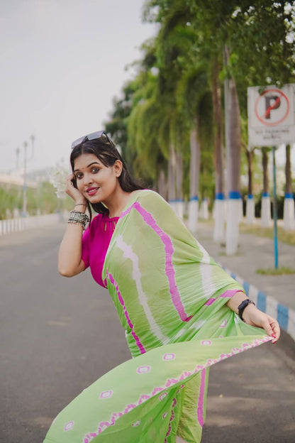 Parrot Green Soft Chinon Silk Saree With Shibori Printed Work | Casual & Festive Wear – JaipurSaaj