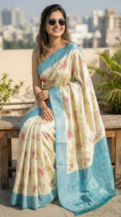 Pista Green Brasso Silk Saree With Floral Print & Pink Zari Border | Party & Festive Wear – JaipurSaaj