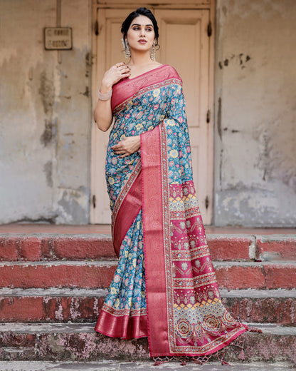 Multi Color Digital Printed Tussar Silk Saree With Zari Motif Border | Traditional Festive Ethnic Wear – JaipurSaaj