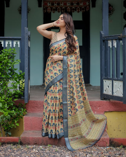 Multi Floral Digital Printed Linen Cotton Saree