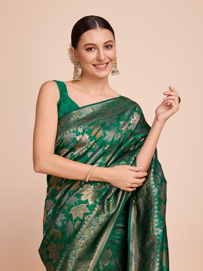 Golden & Copper Zari Weaving With Green Soft Silk Banarasi Saree | Party & Wedding Wear - JaipurSaaj
