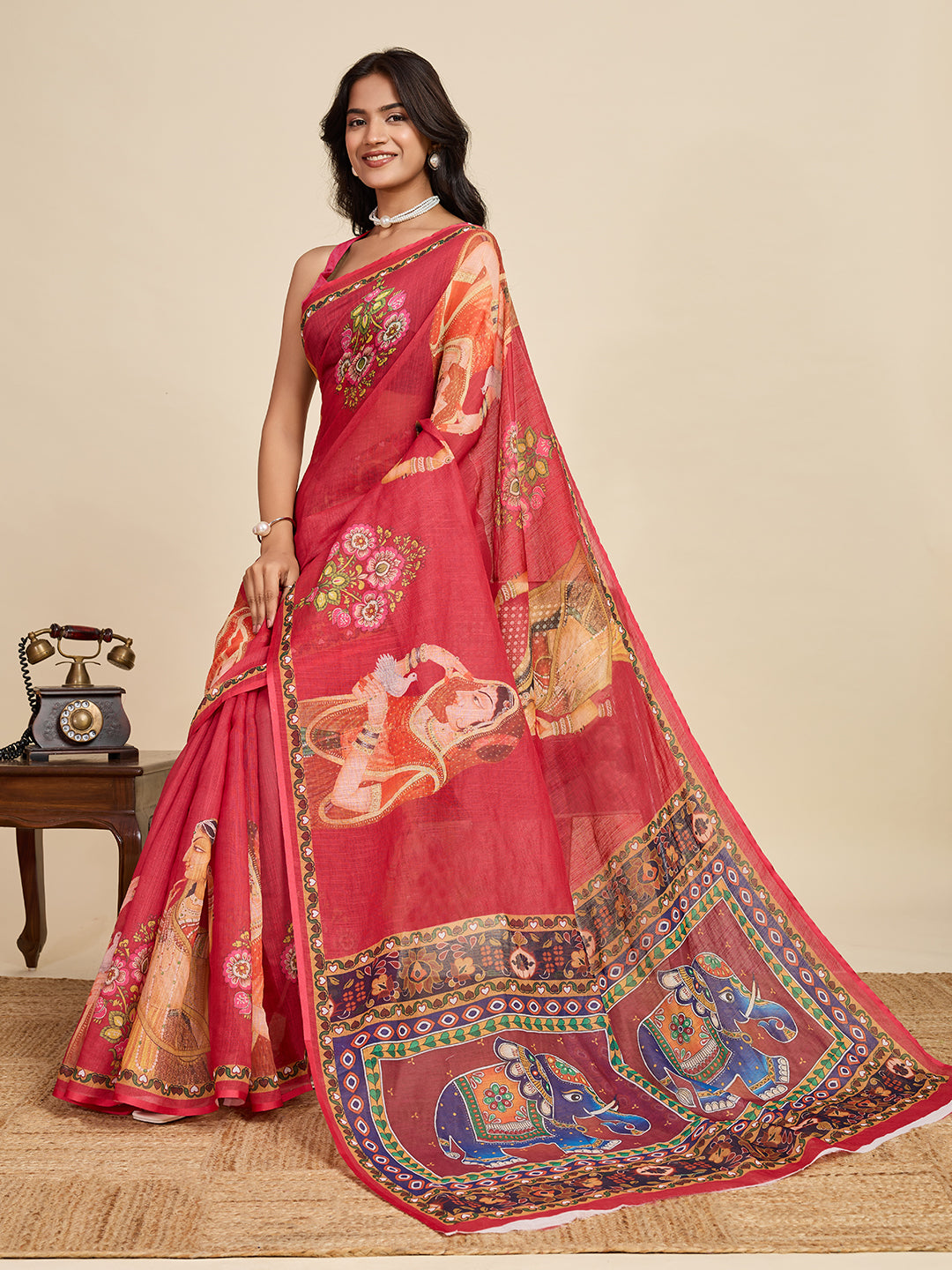 Red Linen Cotton Saree With Digital Printed Work And Silver Zari Border