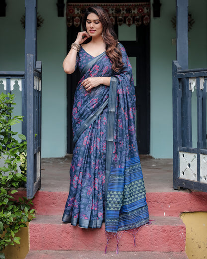 Navy Blue Floral Digital Printed Linen Cotton Saree | Office & Casual Ethnic Wear – JaipurSaaj
