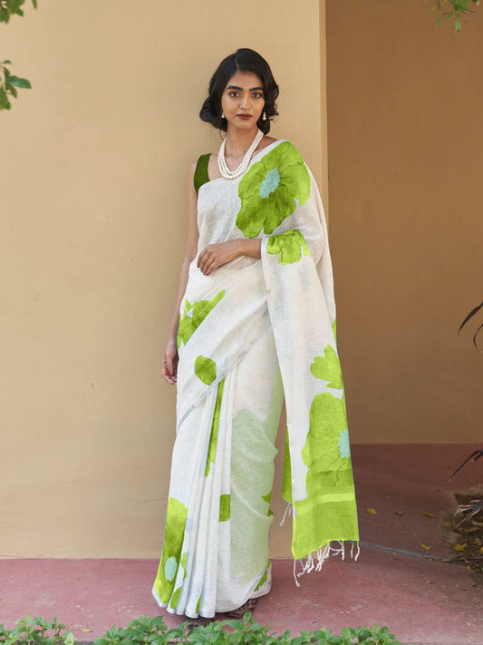 Parrot Green Color Plain Mix Linen Cotton Saree With Digital Printed Work