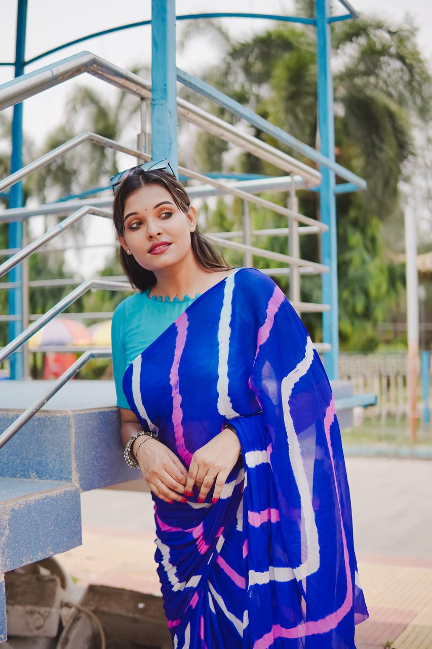 Royal Blue Soft Chinon Silk Saree With Shibori Printed Work | Casual & Festive Wear – JaipurSaaj