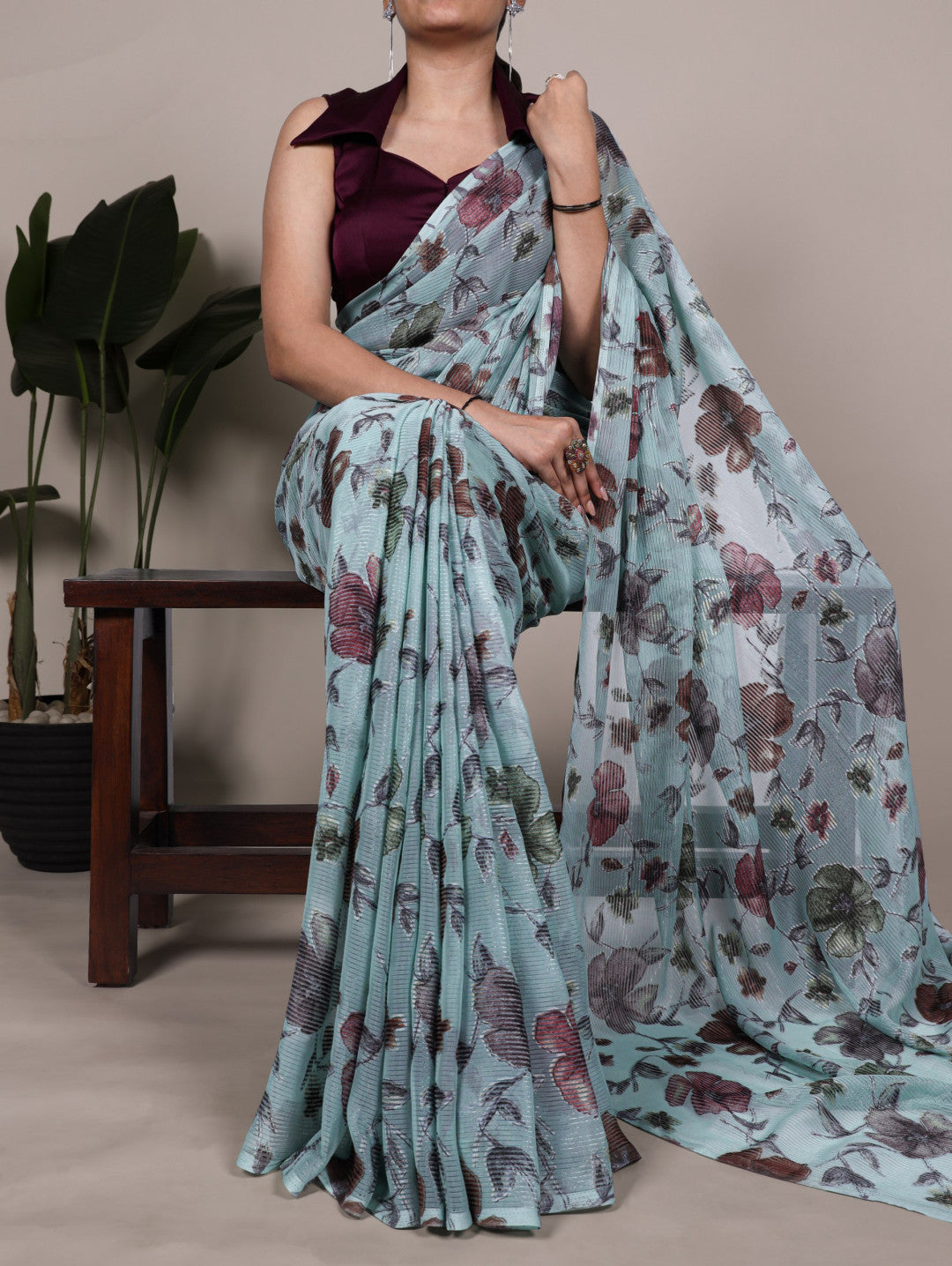 Sky Blue Brasso Silk Saree With Floral Print & Zari Weaving | Party & Casual Wear – JaipurSaaj
