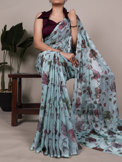 Sky Blue Brasso Silk Saree With Floral Print & Zari Weaving | Party & Casual Wear – JaipurSaaj