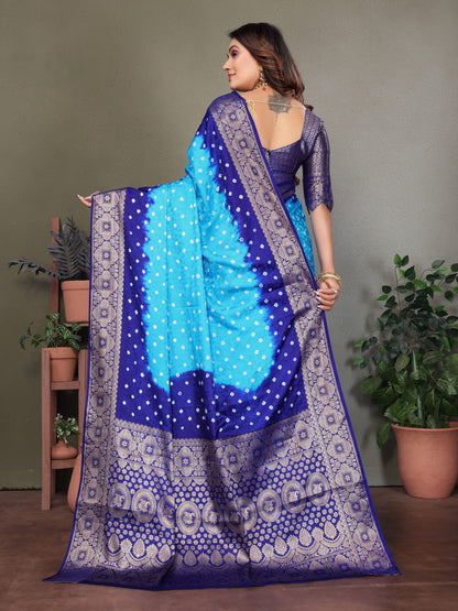 Sky Blue & Blue Bandhej Silk Saree With Zari Weaving Work | Festive Wedding Wear – JaipurSaaj