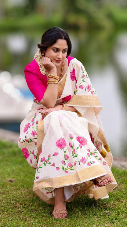 White Plain Mix Linen Cotton Saree With Digital Printed Work