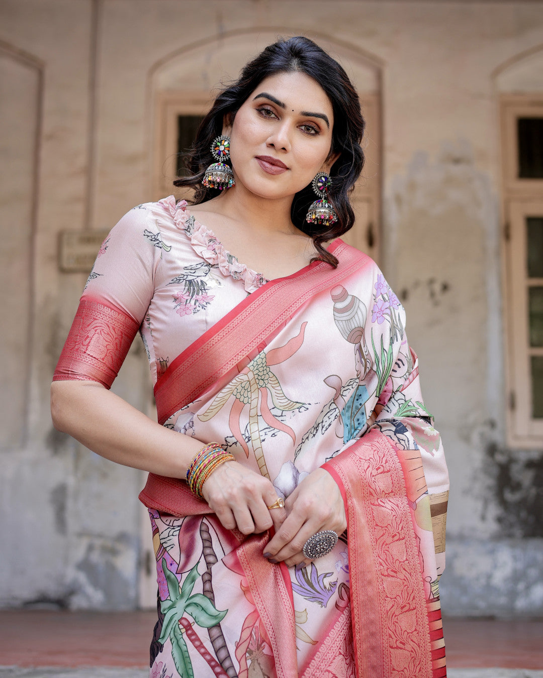 Multi Color Tussar Silk Saree With Digital Kalamkari Print & Zari Motif Border | Casual & Festive Wear – JaipurSaaj
