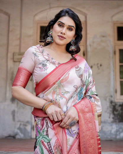 Multi Color Tussar Silk Saree With Digital Kalamkari Print & Zari Motif Border | Casual & Festive Wear – JaipurSaaj