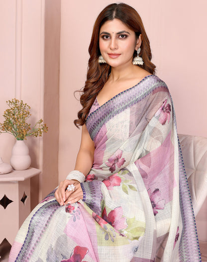 Multi Linen Cotton Saree With Digital Printed Work And Silver Zari Border