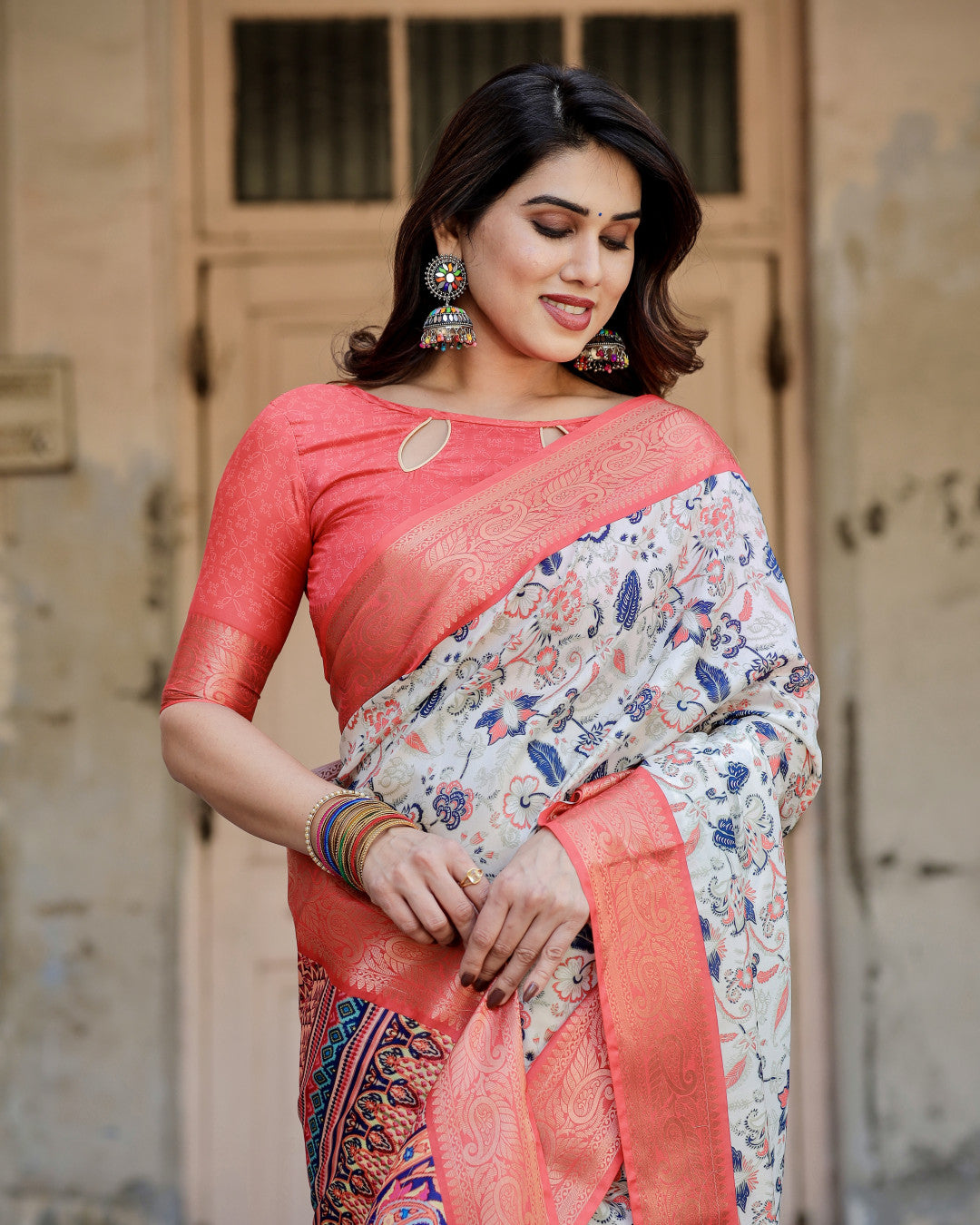 Multi Color Digital Printed Tussar Silk Saree With Zari Motif Border | Designer Festive Ethnic Wear – JaipurSaaj