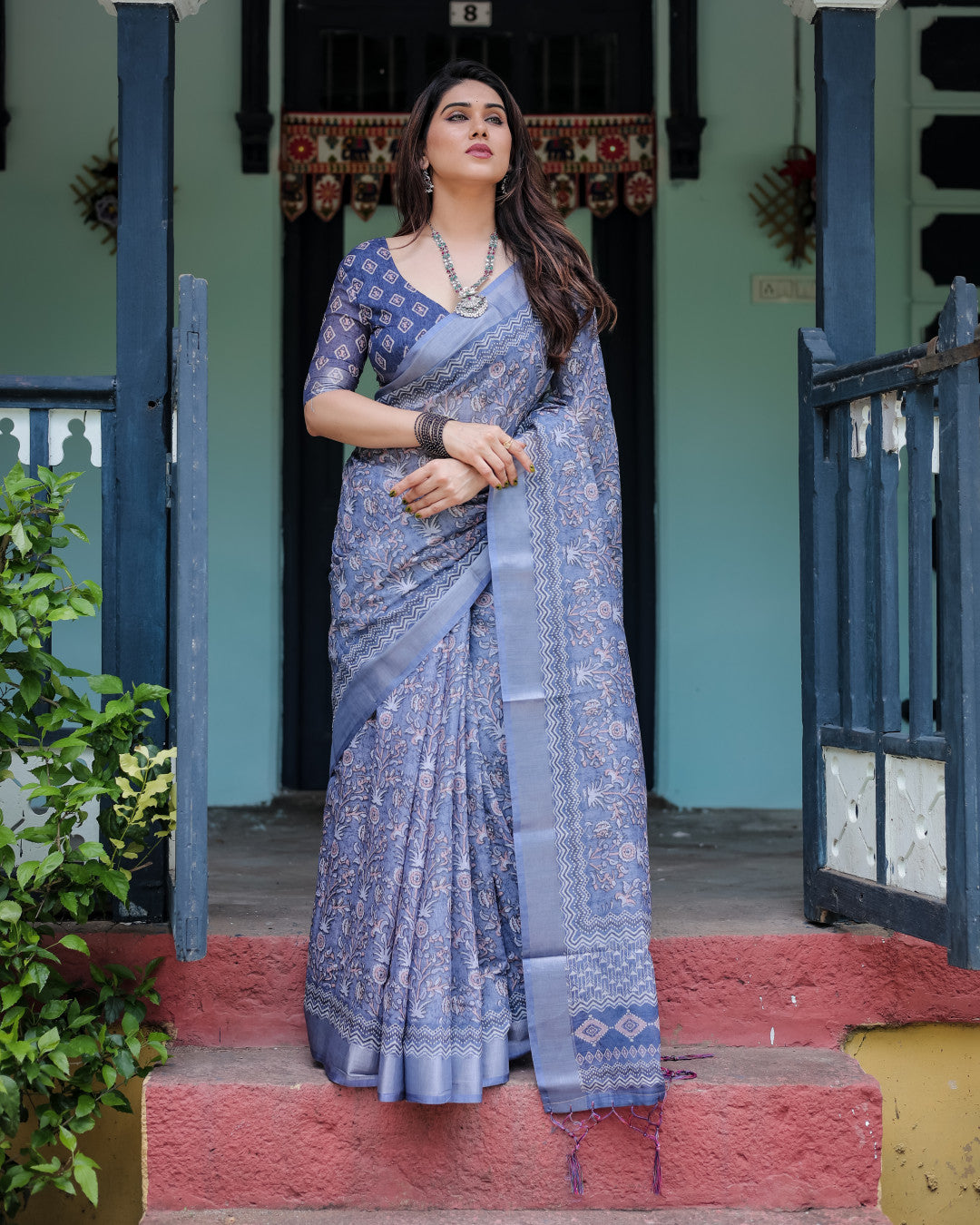 Blue Summer Special Digital Printed Linen Cotton Saree
