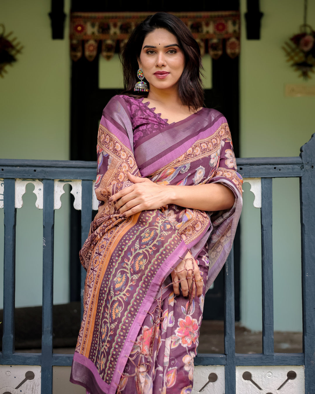 Magenta Summer Special Digital Printed Linen Cotton Saree