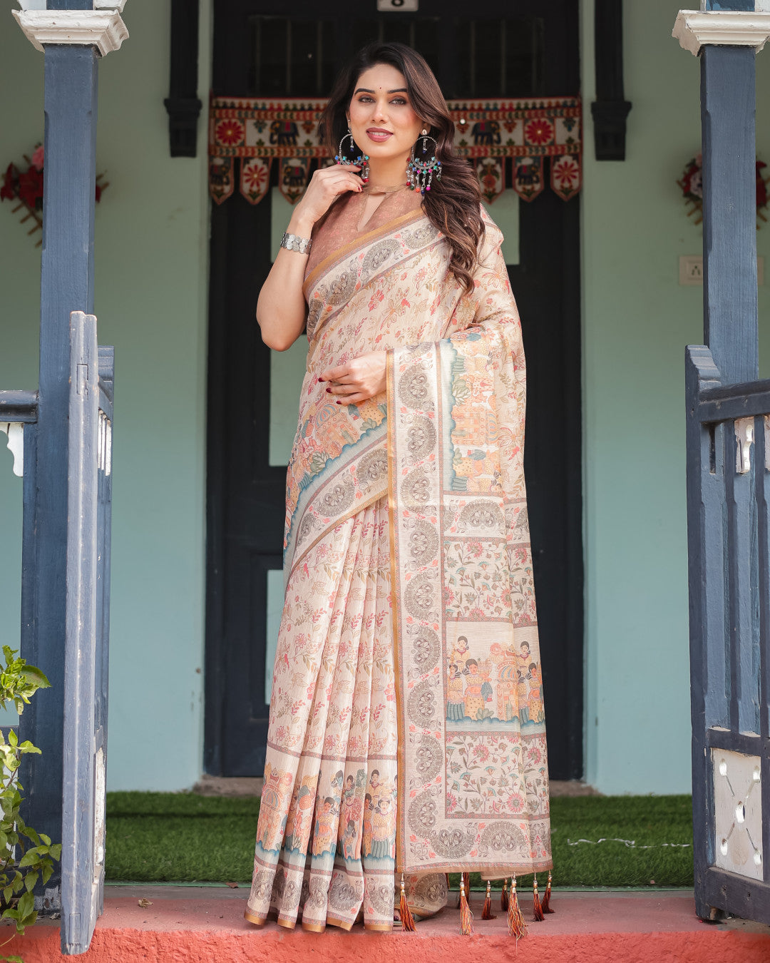 Off White Soft Linen Cotton Saree with Kalamkari Printed Work | Summer Casual & Ethnic Wear – JaipurSaaj