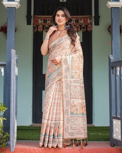 Off White Soft Linen Cotton Saree with Kalamkari Printed Work | Summer Casual & Ethnic Wear – JaipurSaaj