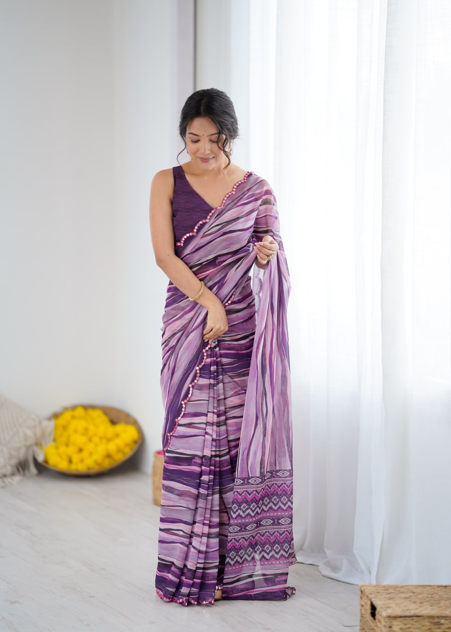 Magenta Georgette Saree With Printed And Mirror Work With Arco Border