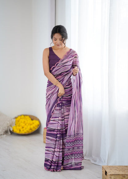 Magenta Georgette Saree With Printed And Mirror Work With Arco Border