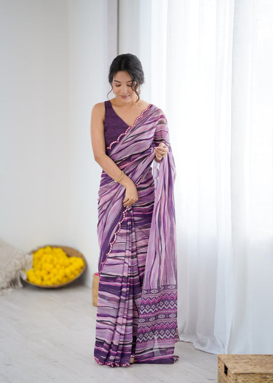 Magenta Georgette Saree With Printed And Mirror Work With Arco Border