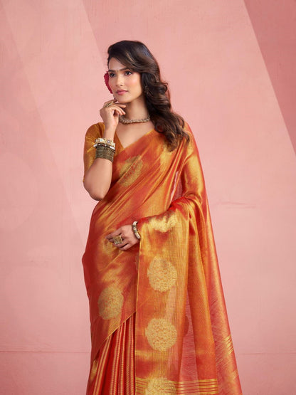Model posing in red tissue silk saree with zari butta showing full length wedding and party wear styling