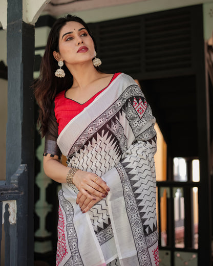 White Summer Special Digital Printed Linen Cotton Saree