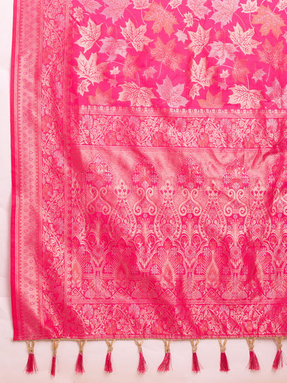 Golden & Copper Zari Weaving With Pink Soft Silk Banarasi Saree | Party & Wedding Wear - JaipurSaaj