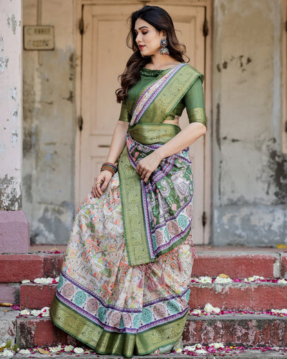 Multi Kalamakari Floral Printed Tussar Silk Saree With Zari Motif Border | Festive Ethnic Wear – JaipurSaaj
