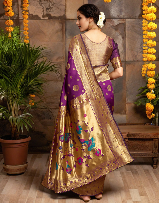 Wine Paithani Silk Saree With Zari Weaving Work
