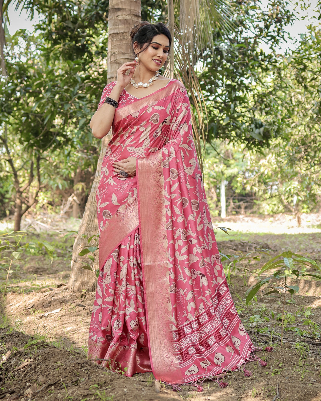 Pink Tussar Silk Saree with Floral Woven Motifs & Zari Border | Traditional Festive Wear – JaipurSaaj