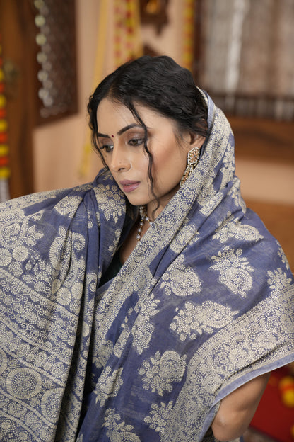 Navy Blue Soft Cotton Saree With Lucknowi Work