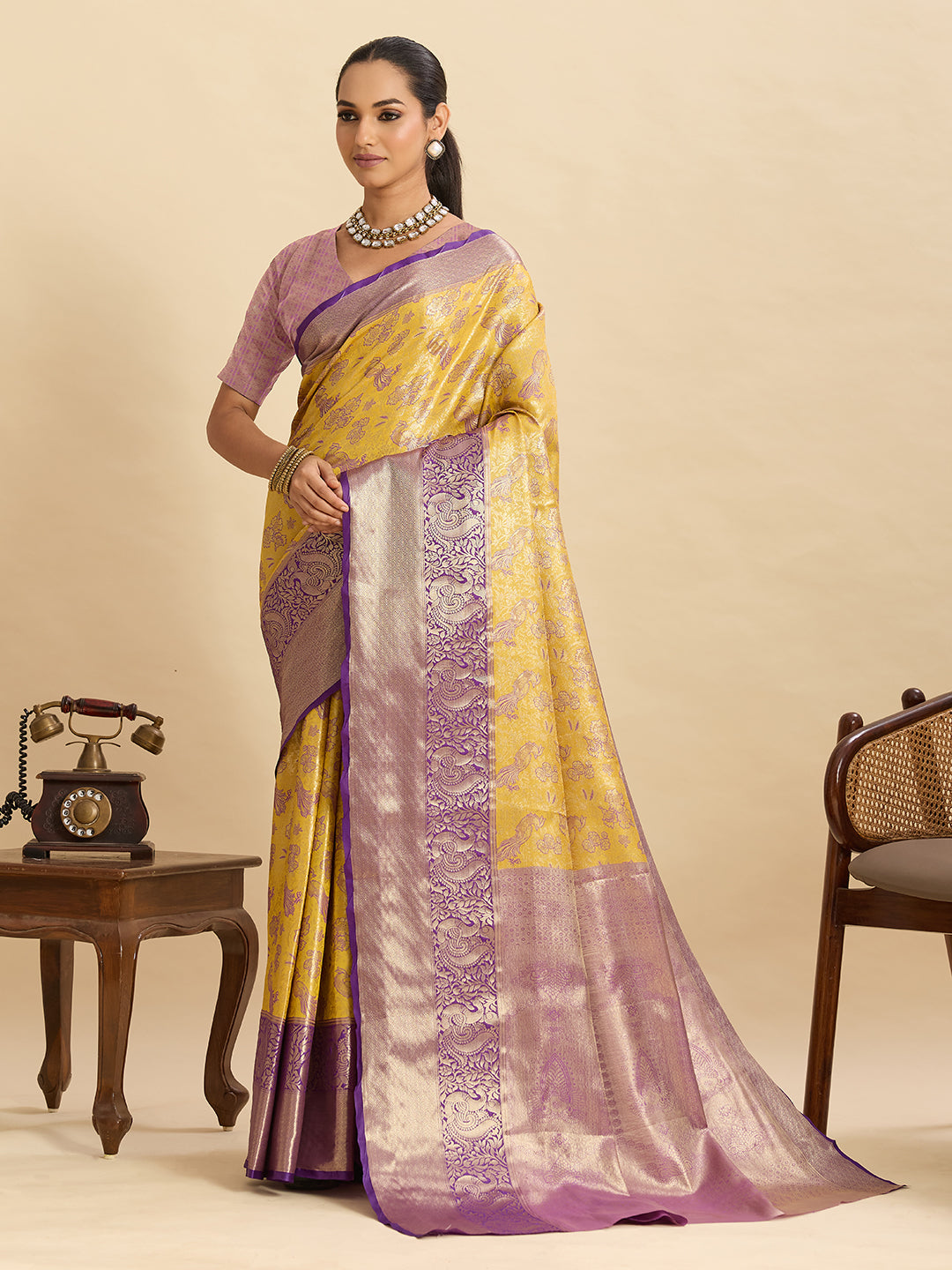 Yellow Kanjivaram Silk Saree with Zari Weaving Work & Big Border | Bridal Wedding Wear – JaipurSaaj