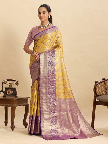 Yellow Kanjivaram Silk Saree with Zari Weaving Work & Big Border | Bridal Wedding Wear – JaipurSaaj