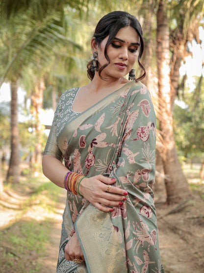 Olive Green Tussar Silk Saree with Floral Woven Motifs & Zari Border | Traditional Festive Wear – JaipurSaaj