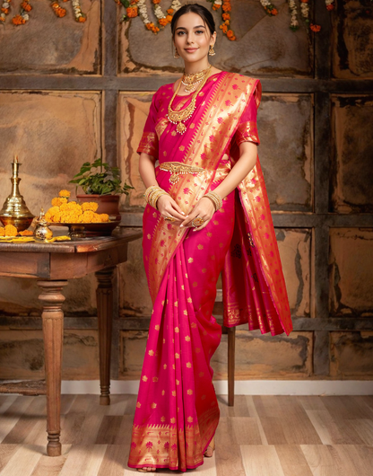 Traditional Pink Paithani Silk Saree With Zari Weaving Work