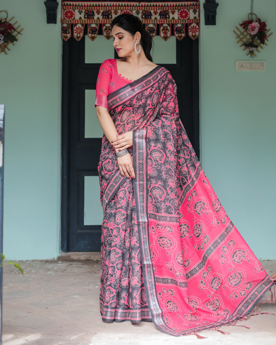 Multi Soft Linen Cotton Saree With Digital Printed Work