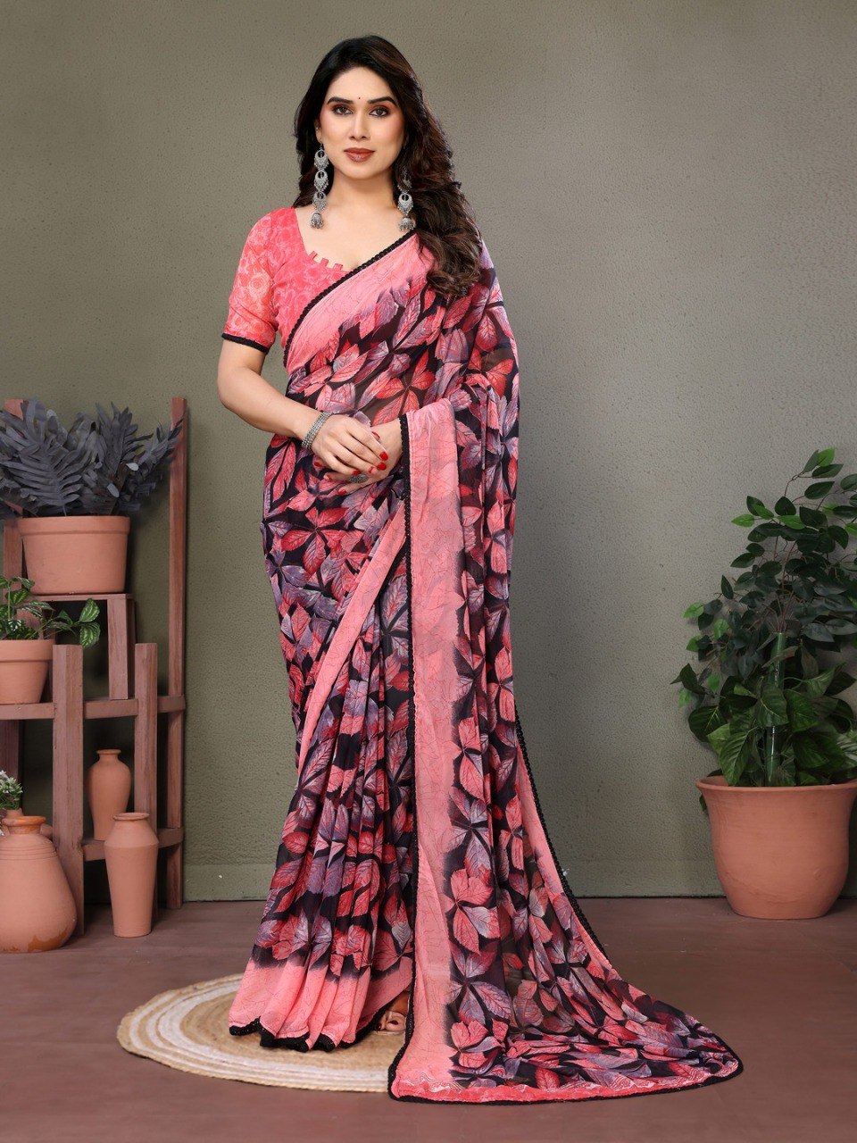 Pink Soft Chiffon Saree With Printed Work And Lace Border