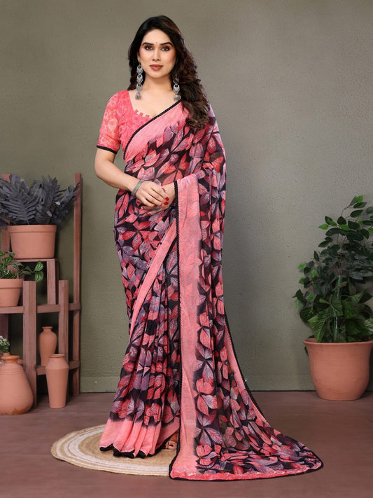 Pink Soft Chiffon Saree With Printed Work And Lace Border