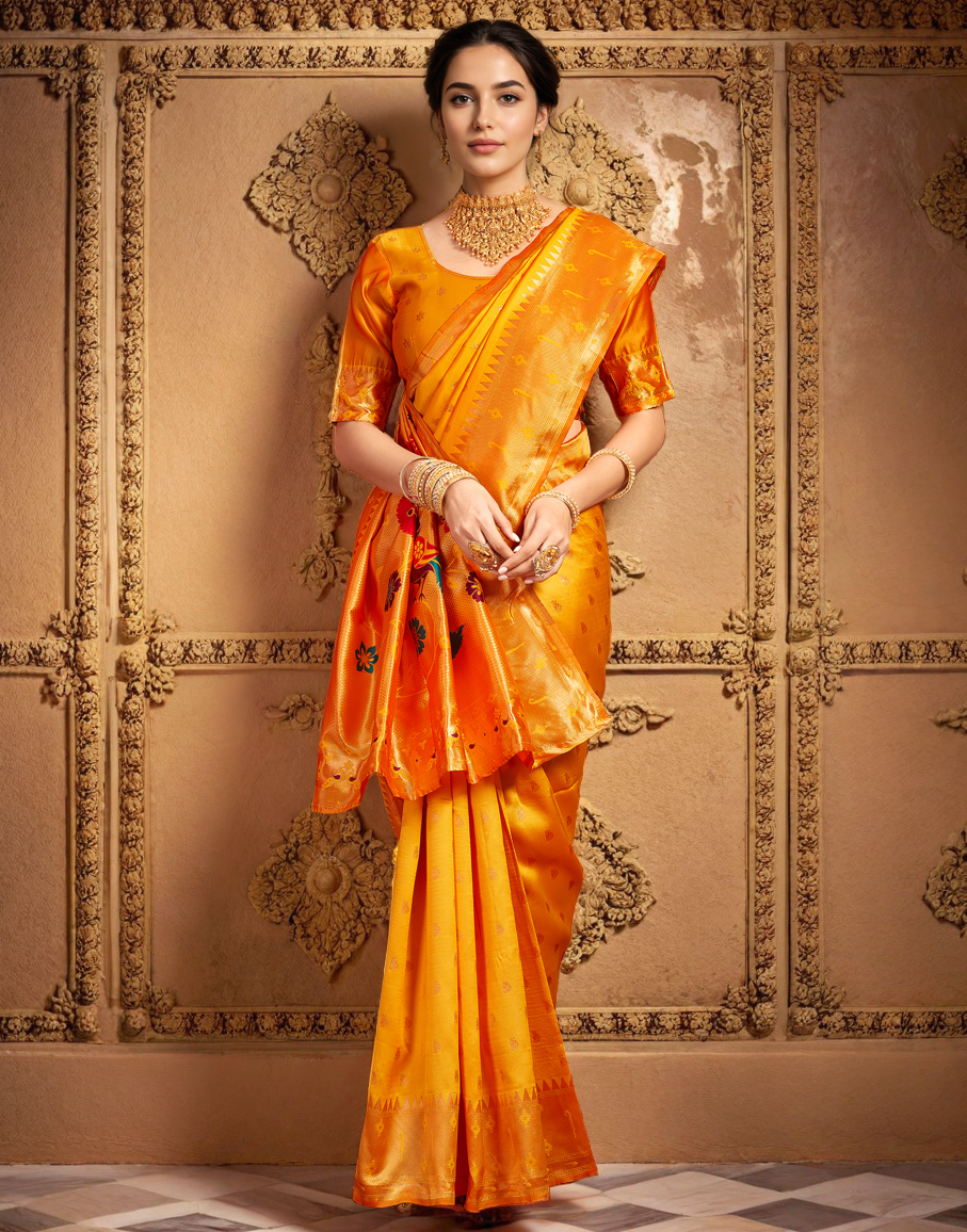 Traditional Orange Paithani Silk Saree With Zari Weaving Work