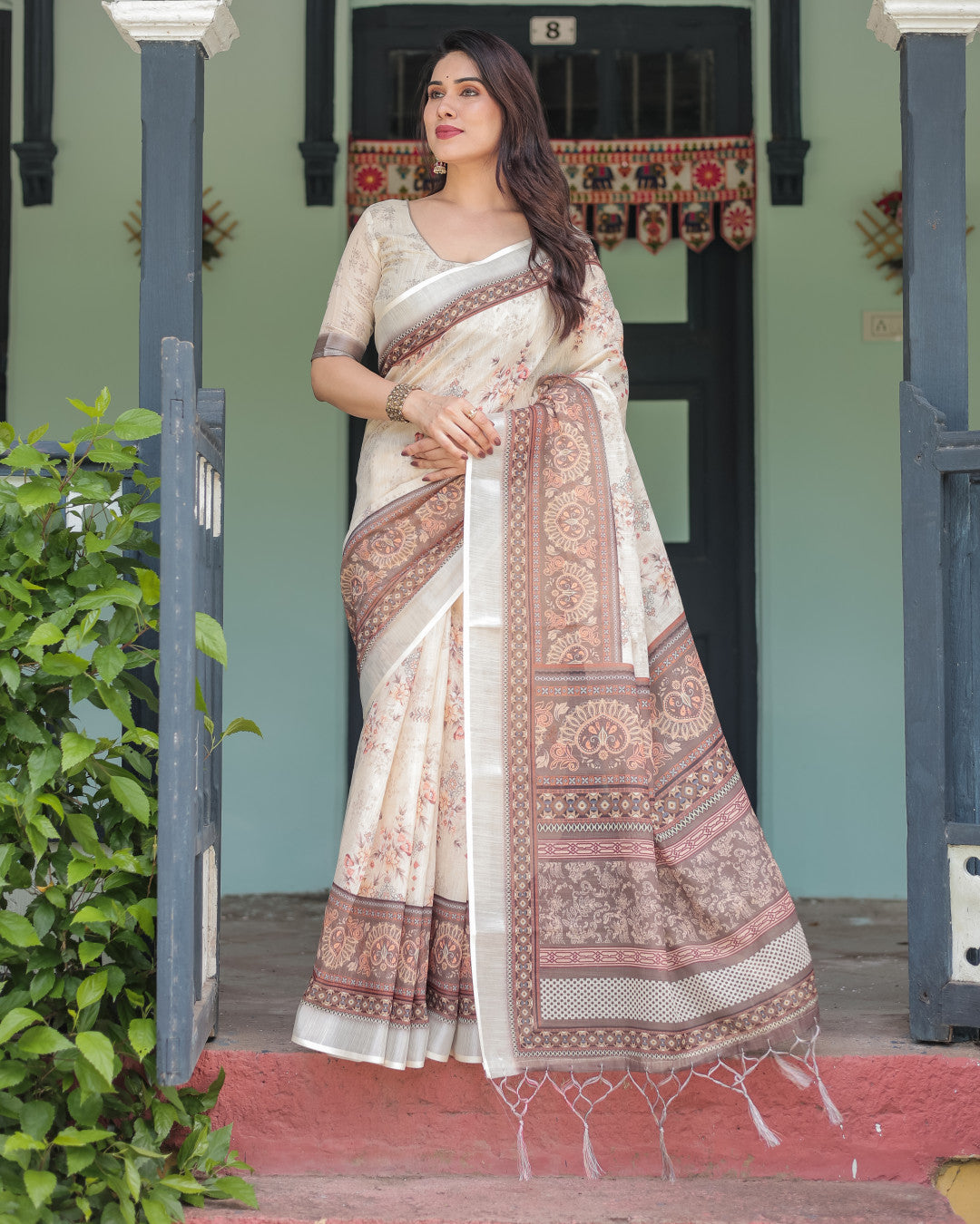 Off White Soft Linen Cotton Saree With Digital Printed Work