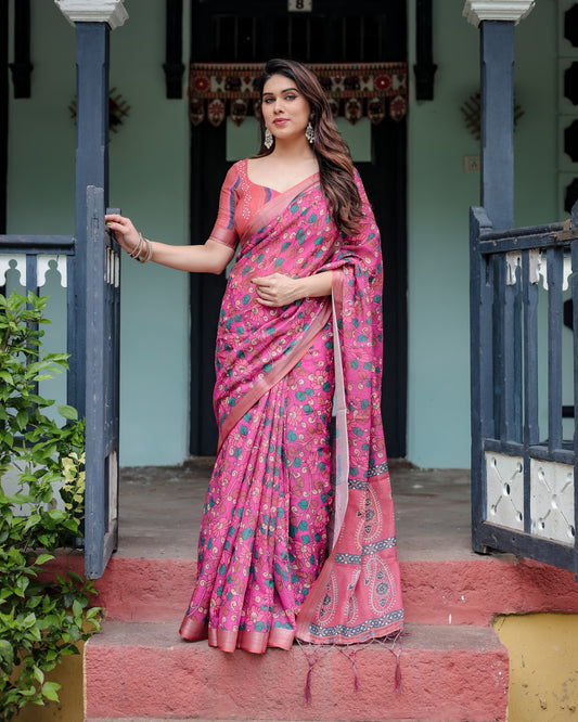 Pink Floral Digital Printed Linen Cotton Saree