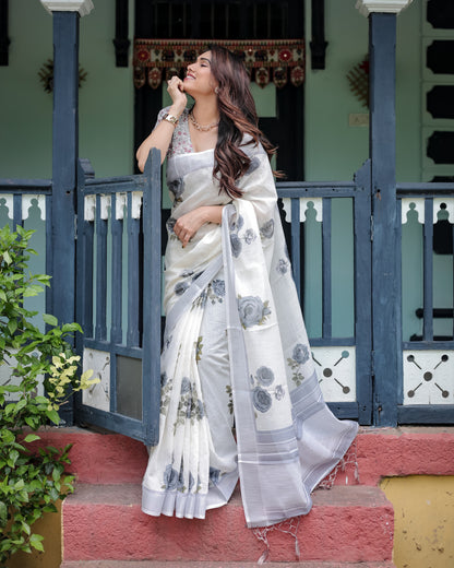 White Digital Printed Linen Cotton Saree | Summer Special Casual & Ethnic Wear – JaipurSaaj